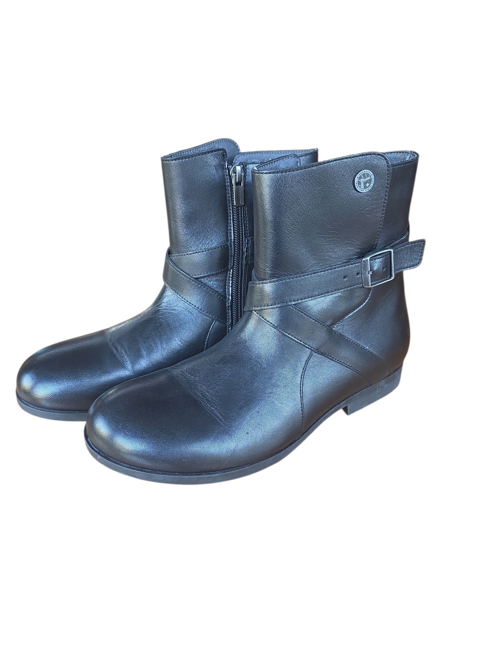 Birkenstock Black Leather Ankle Combat Type Boots with Side Buckle